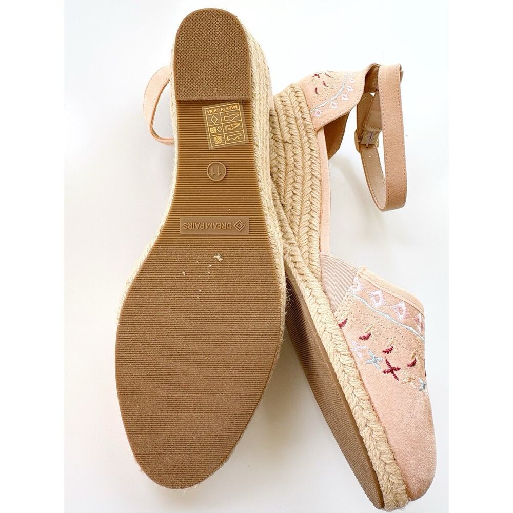DREAM PAIRS Espadrilles Sandals Size 11 Pink Embroidered Ankle Strap Wedge Suede